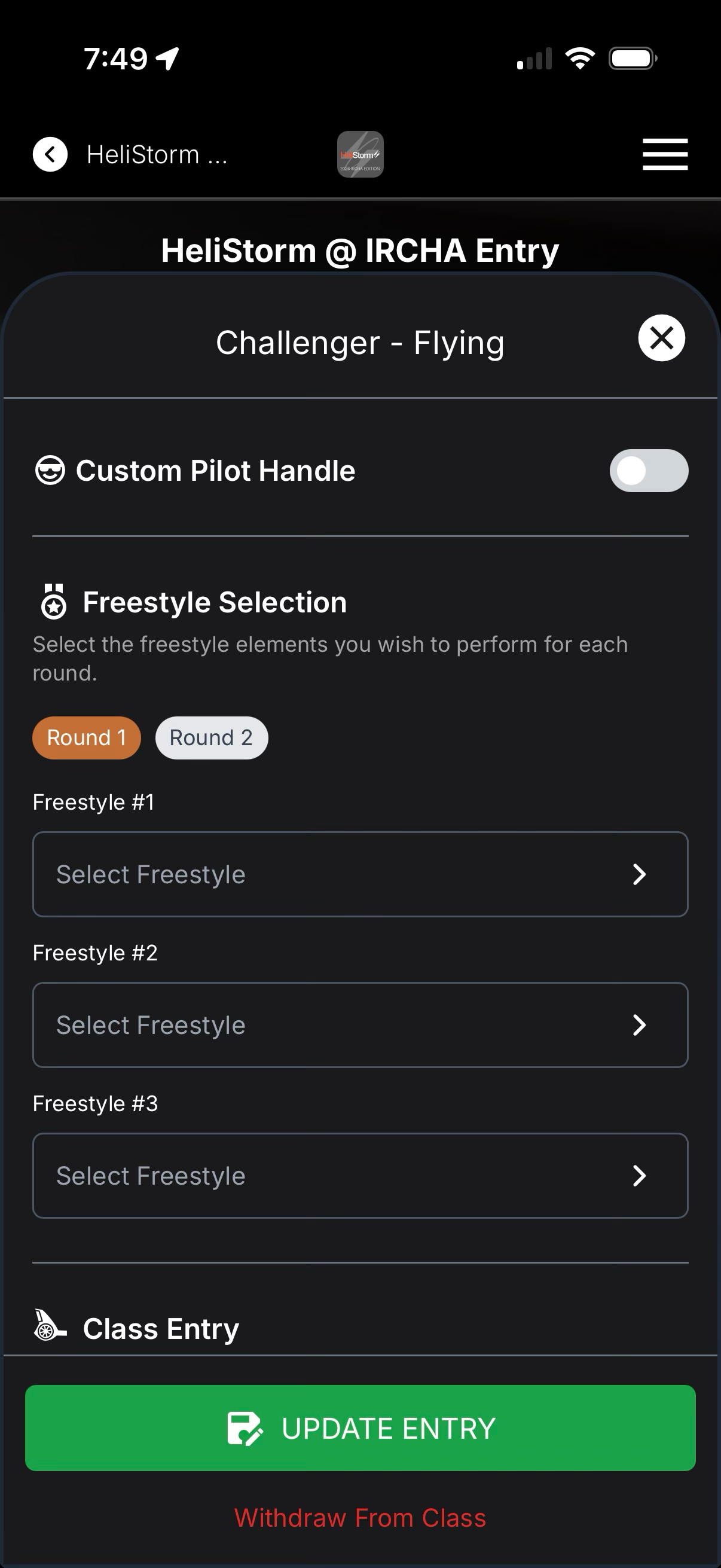 Selects round & freestyle slot